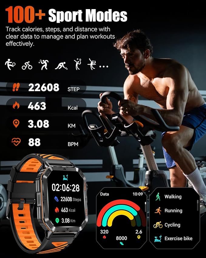 Military Smart Watch for Men, 2.01'' Fitness Tracker with 1200mAh Long Battery Life, Bluetooth Calls, Flashlight, IP68 Waterproof, Heart Rate/Sleep Tracking, 100+ Sports Modes for Android iPhone