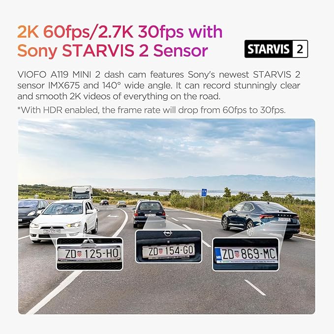 VIOFO Dash Cam A119 Mini 2, STARVIS 2 Sensor, 2K 60fps/HDR 30fps Voice Control Car Dash Camera with 5GHz Wi-Fi GPS, Night Vision 2.0, 24H Parking Mode, Supercapacitor (SD Card Not Included)