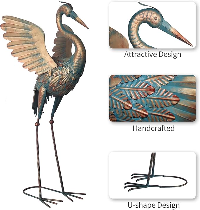 33-37 Inch Metal Crane Garden Statue Décor, Bird Heron Garden Sculpture & Statues, Outdoor Decoration for Yard Pond Lawn Backyard Pool, Vintage Spread Wings Crane, Set of 2 Copper…