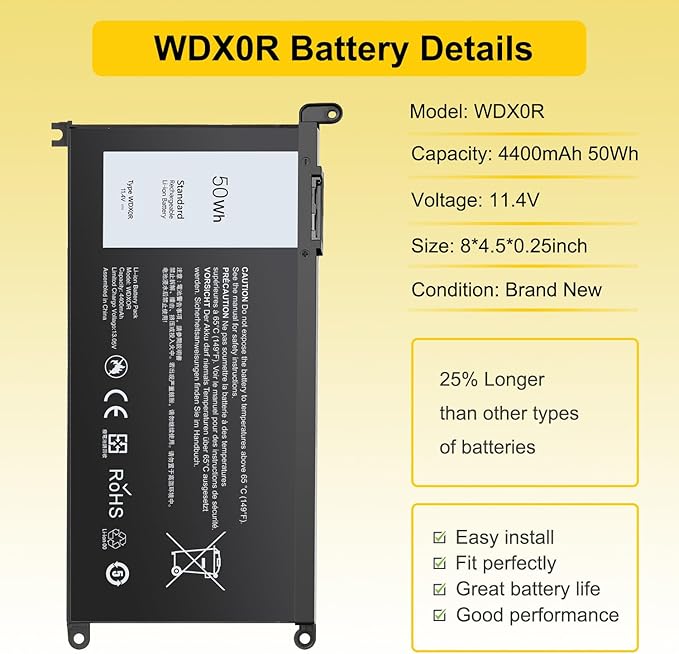 50WH WDX0R Laptop Battery Replacement for Dell Inspiron 13/15/17 5000/7000 5368 5378 7378 5568 5578 5580 5767 5770, Latitude 3180-3590, Vostro 5568 5468 Compatible WDXOR P69G 3CRH3