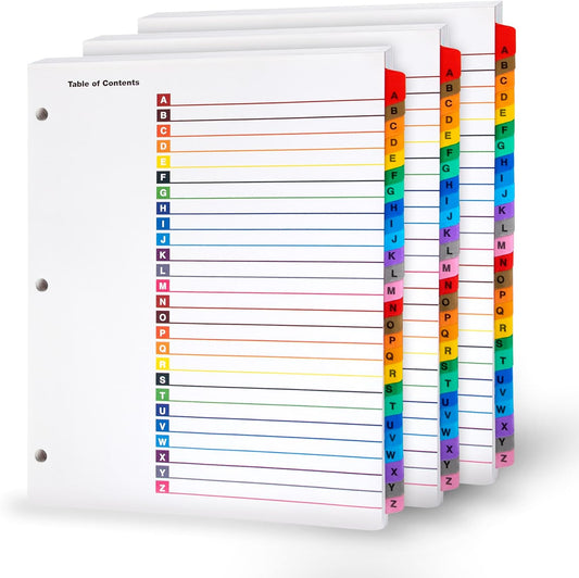 Alphabet Binder Dividers â 3 Sets of 26 AâZ Index Tabs for 3-Ring Binders, 8.5 x 11 in â Customizable Table of Contents, 3-Hole Punched â for School, Filing, Office Organization - 3 Pack