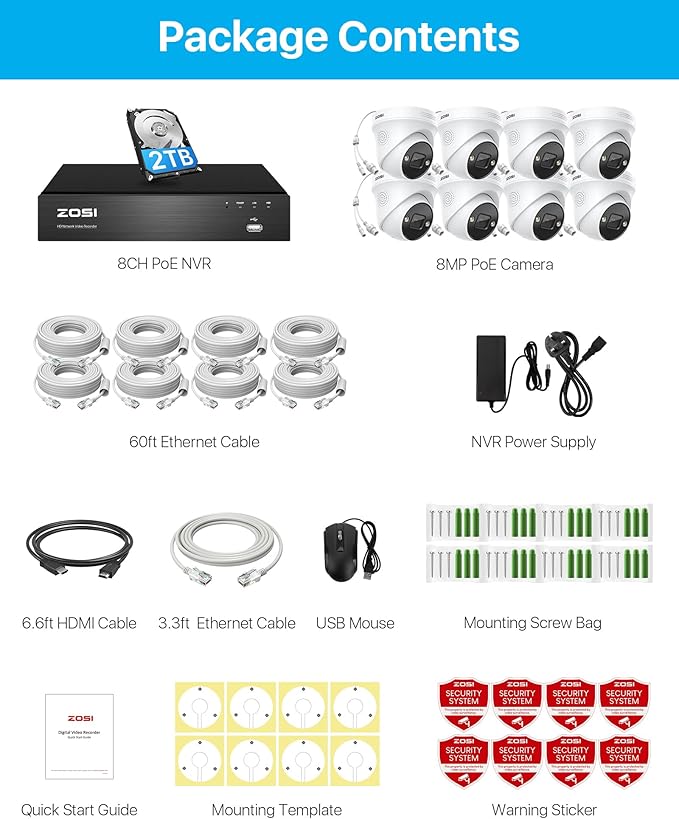 ZOSI 4K Security PoE Camera System with Person Vehicle Detection,8pcs 4K Outdoor Indoor IP Cameras,2 Way Audio,Night Vision,Sound Light Alarm,8 Ports 16CH 8MP NVR with 2TB HDD for Home 24/7 Recording