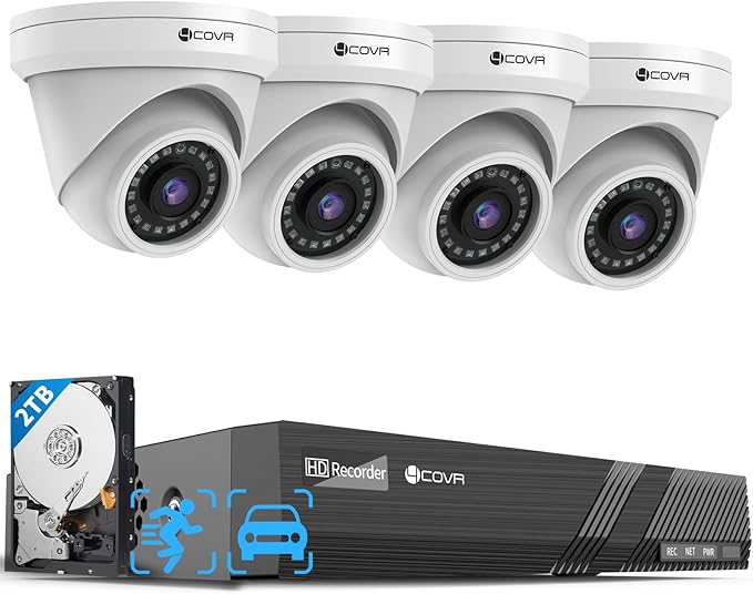 4COVR PoE Security Camera System, Person Vehicle Detection & Night Vision, 8CH 8MP H.265 NVR with 2TB HDD, 4Pcs 8MP Wired Dome PoE IP Camera with Audio, IP67 Weatherproof Outdoor, LY97AX8M0804-1