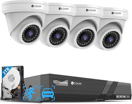4COVR PoE Security Camera System, Person Vehicle Detection & Night Vision, 8CH 8MP H.265 NVR with 2TB HDD, 4Pcs 8MP Wired Dome PoE IP Camera with Audio, IP67 Weatherproof Outdoor, LY97AX8M0804-1