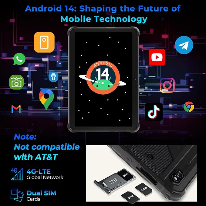 HOTWAV R8 Rugged Tablet 2024 Android 14, 10.1 inch HD+ Waterproof Tablet, 12GB+128GB/1TB TF 10800mAh, 13MP+5MP Camera Outdoor Tablets, Unisoc T606/Octa-Core/4G Dual SIM/5G WiFi/IP68&IP69K/Face ID/OTG