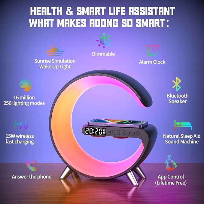 Smart Wireless Charging Alarm Clock with Bluetooth Speaker, App Controlled Bedside Lamp Table Light and Night Light, Bedroom Home Decor, Gift for Girls Boys and Family for Birthday Christmas (Black)