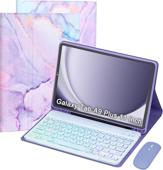 Keyboard Case for Samsung Galaxy Tab A9+/A9 Plus 11 Inch 2023 (SM-X210/X216/X218), Detachable Color Backlit Bluetooth Keyboard and Mouse, Lightweight Stand Cover with Pen Holder (Purple Marble)