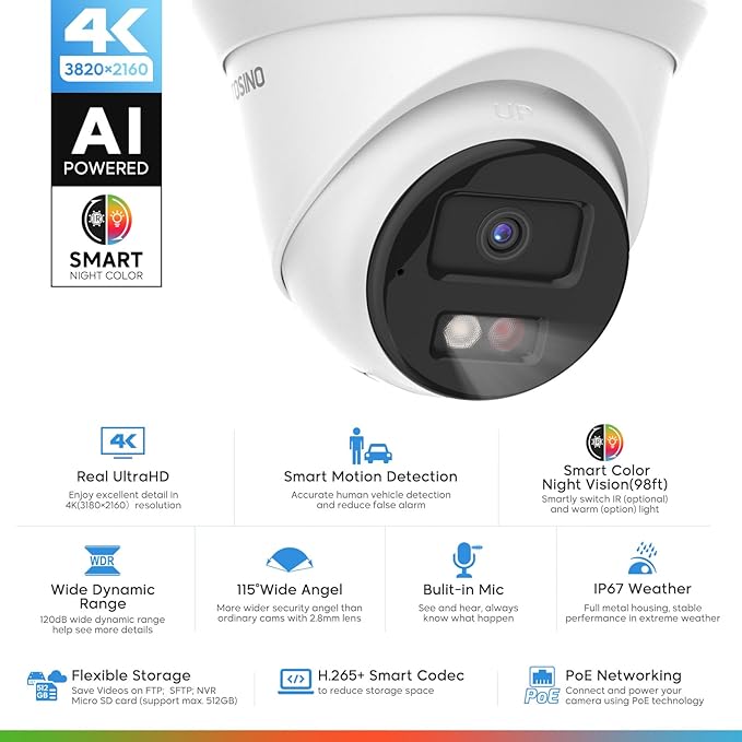 4K IP Camera Turret 8MP PoE Camera Outdoor, Security Camera with Human Vehicle Detection,98ft Color Night Vision,2.8mm 115° Wide Angle Lens,Built-in Mic,512GB Card Slot