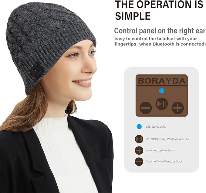 Bluetooth Beanie, Bluetooth 5.2 HD Stereo,30 Hours Play time,Built-in Microphone, Men's/Women's Christmas Electronic Gift (Charcoal)