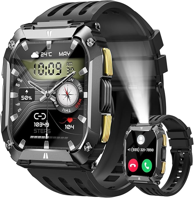 Smart Watches for Men, 1.95'' Mens Military Smart Watch for Android & iPhone, Waterproof Fitness Tracker Watch with Flashlight/100 Days Battery Life/Call/Heart Rate Sleep Monitor/100+ Sport Modes