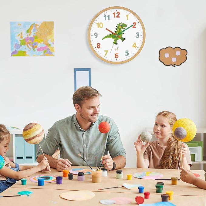 Dinosaur Wall Clock for Kids Bedrooms 12 Inch Silent Non-Ticking Battery Operated Analog Clocks Kids Wall Clock for Classrooms, Kids Bedrooms, Playrooms and Nursery for Toddler Children