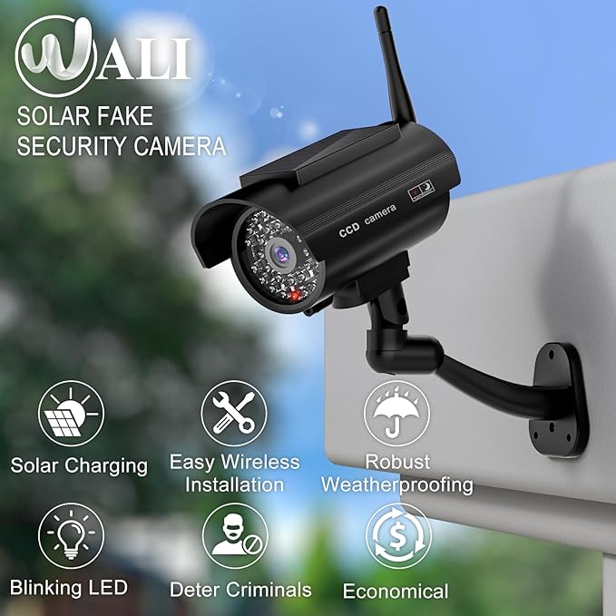 WALI Dummy Fake Camera, Solar Powered Fake Security Camera with LED Light, Simulated Surveillance Security CCTV Dome Cameras with Antenna and Warning Sticker Indoor Outdoor (SOL-TCB4), 4 Packs, Black