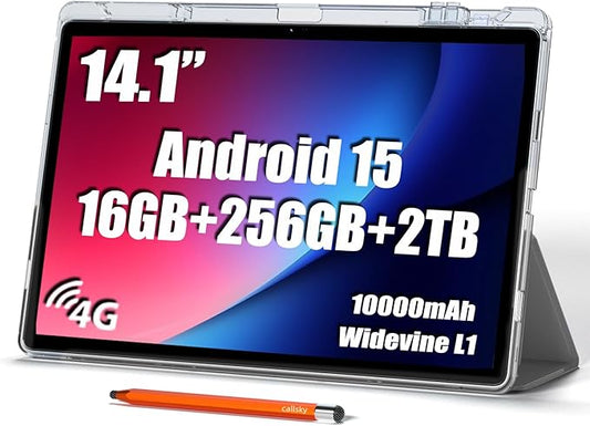 14 inch Large Screen Tablet, Android Tablet 16GB RAM 256GB ROM, 1920 * 1200 IPS FHD Display, Widevine L1, 10000mAh 18W Charging, Wi-Fi & Bluetooth, 4G LTE, with Stand Case & Stylus