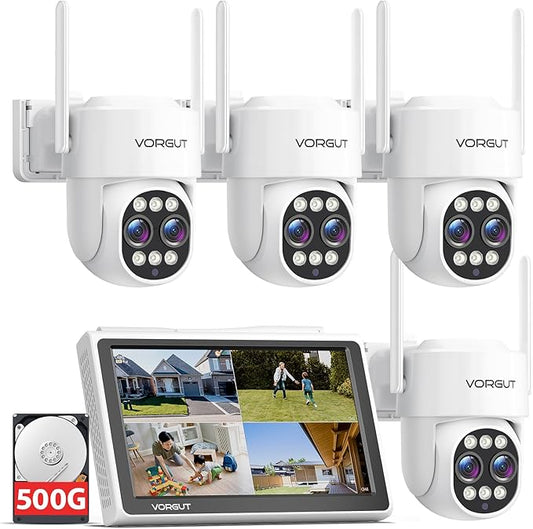 Security Camera Wireless Outdoor System with Monitor, 4pcs Dual Lens 10X Optical Zoom PTZ Cameras for Home Surveillance, Color Night Vision, Auto Tracking, Human Detection, 10CH NVR, 500GB HDD