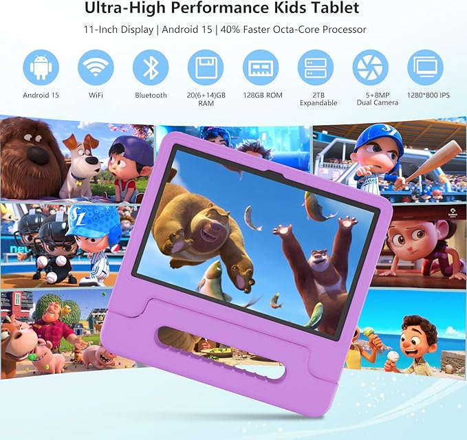 Kids Tablet, 11 inch Android 15 Tablet for Kids, 20GB RAM 128GB ROM Octa-Core 8000mAh Battery Childs Tablets with Shockproof Case, Bluetooth, WiFi, Parental Control, Dual Camera, GPS