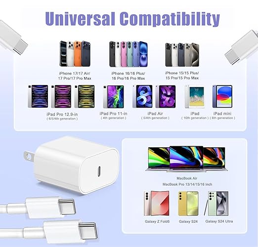 Fast Charger for iPhone 17 16 Charger, 20W Type C Charging Block with 3.3FT Long USB C Charging Cable, iPad Wall Plug Power Adapter for iPhone 17/17 Pro/17 Pro Max/Air/16/15, iPad Pro/Air/Mini,AirPods