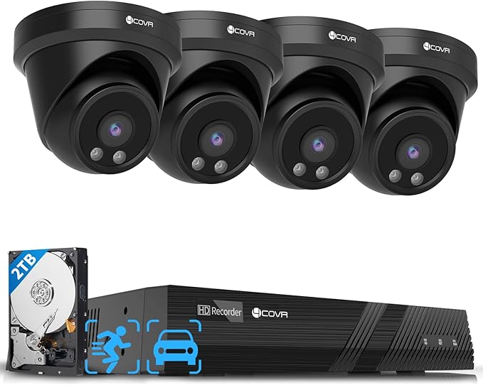 4COVR PoE Security Camera System Outdoor, Person Vehicle Detection & Night Vision, 4Pcs 5MP Wired Dome IP Camera with Audio IP67 Home Weatherproof, 8CH 8MP H.265 NVR with 2TB HDD, LY97AB5M0804
