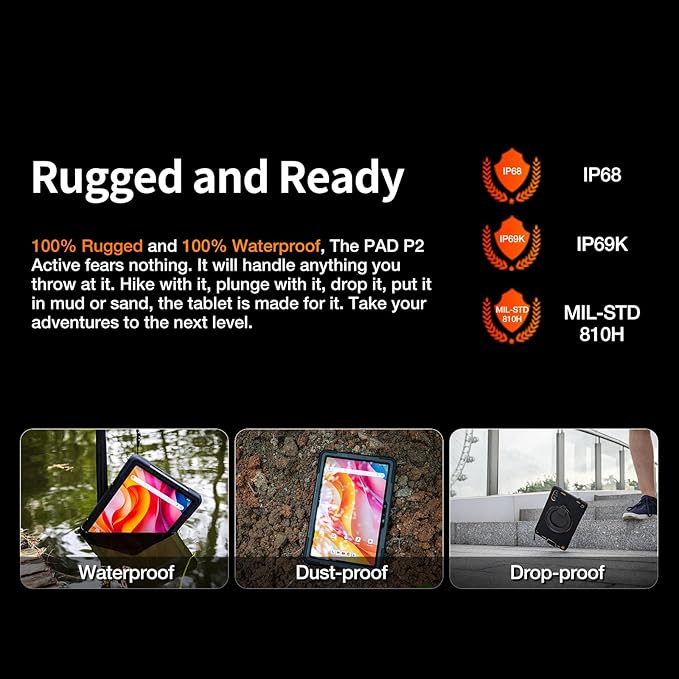 AGM Rugged Tablet, 11" Android Tablet GMS Certified with MTK G99, 16GB RAM 256GB ROM 2TB TF, 90Hz FHD IPS Touchscreen 18H Battery, 50MP+8MP, GPS, IP68/IP69K, Drop-Proof with Strap & Case for Outdoors