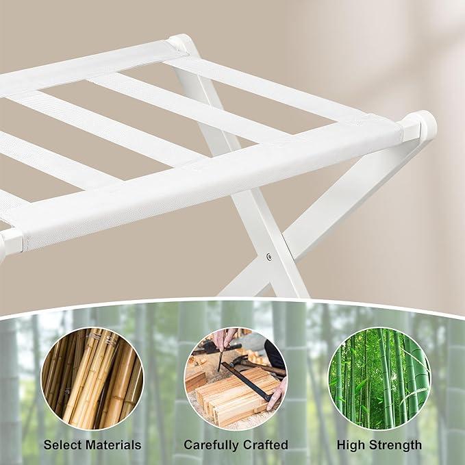 VASMIA Luggage Rack, Folding Suitcase Stand with Storage Shelf Set of 2, Bamboo Luggage Stand for Guest Room,Bedroon and Hotel,Holds up to 131 lb,Fit Most Luggage Size,White