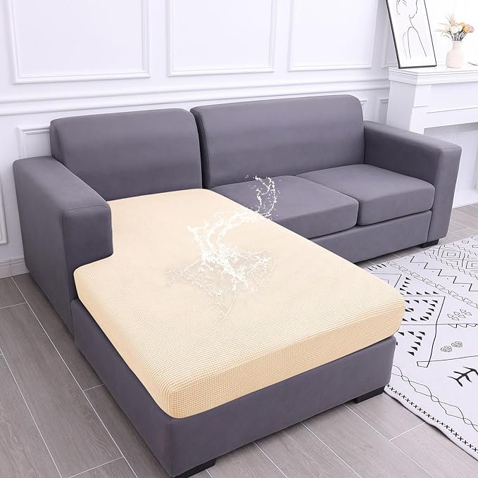 hyha Waterproof Sectional Couch Covers, Non Slip Sofa Couch Cushion Covers L Shape, Thick Stretch Jacquard Fabric, Washable Sofa Slipcovers with Elastic Bottom (1 Piece for Chaise XL, Beige)