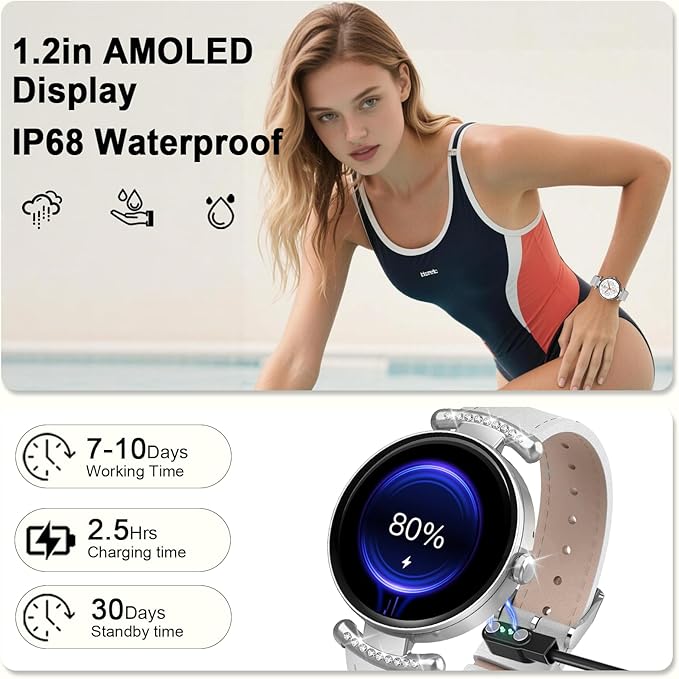 Smart Watches for Women Android IOS, 1.2'' AMOLED Ultra-Clear Screen Fitness Trackers with Bluetooth Call (Answer/Make), Smartwatch with Heart Rate,Sleep Monitor, IP68 Waterproof,100+ Sports Mode