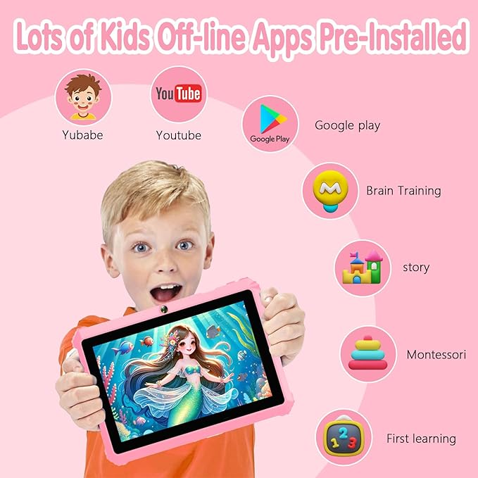 YINOCHE Kids Tablet for Kids 3-7 7'' Andoird Toddler Tablet for Toddlers with Case 32G Kids Tablets with Parental Controls WiFi Dual Camera GMS Certified Learning Toddler Toys for Girls (Pink1)