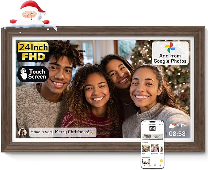 NexFoto Large Digital Picture Frame 24 Inch Touchscreen, WiFi Electronic Photo Frame 64GB, Add Pics from Google Photos, Upload Photo/Video via App/USB, Gifts for Christmas/Mom/Grandparents, Walnut