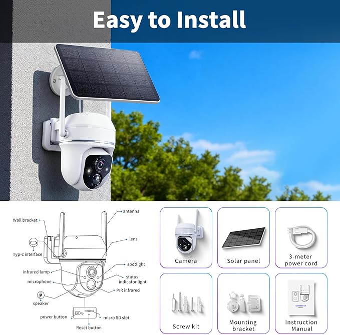 Solar Security Wireless Camera 3MP 360° View Solar Battery Powered WiFi Camera AI Motion Detection/2-Way Talk/Spotlight/Siren/IP65/Cloud/Up to 512G SD Storage( About 180 Days Storage SD Card Included)