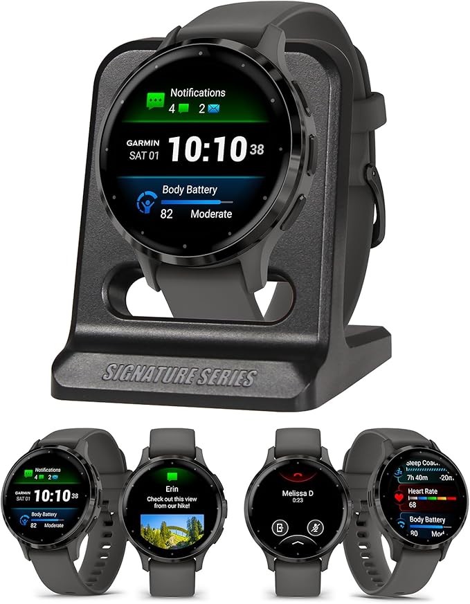 Garmin Venu 3S Running GPS Smartwatch with AMOLED Display, Advanced Health, Fitness Features, Up to 14 Day Battery Life with Signature Series Modern Power Stand | Slate with Pebble Gray Silicone Band