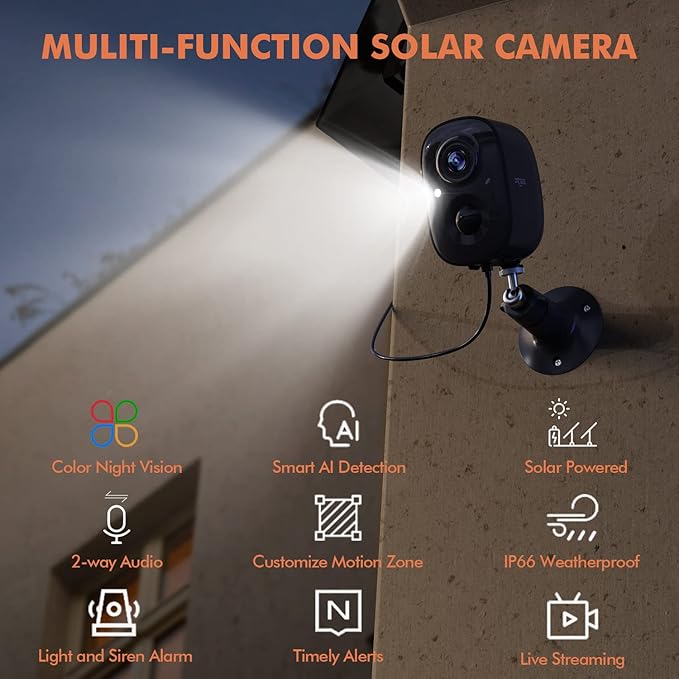 Dzees Upgrade Solar Camera Security Outdoor Wireless, Wireless Outdoor Security Cameras with Solar Panel, 2K Color Night Vision, Spotlight/Alarm, AI Detection, 2-Way Talk, IP66 Waterproof