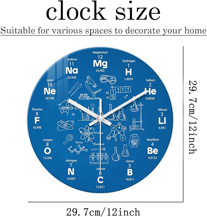 XNM Modern Blue Chemical Clock for Classroom Glass Analog Small Science Wall Clocks Battery Operated 12 Inch Round Silent Wall Clock for Study Room