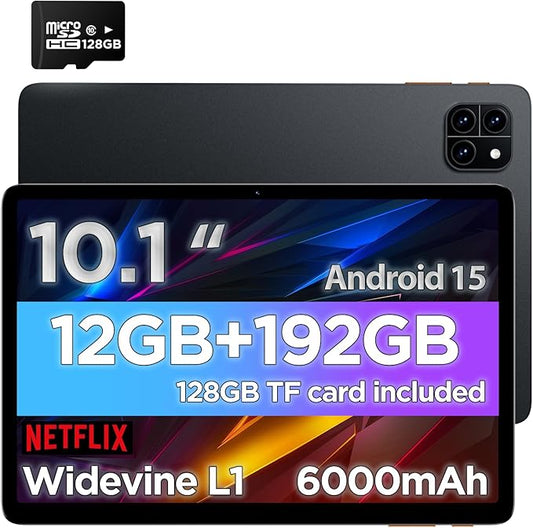 Android Tablet, 10.1 inch Android 15 Tablet with Octa-core Processor, 12GB RAM 192GB ROM (Expandable up to 2TB), 800x1280 IPS Display, WiFi 6 & Bluetooth, Dual Speakers, 5MP+8MP Camera, 6000mAh