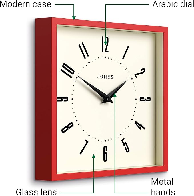 JONES CLOCKS® Box Wall Clock | Retro Square | 10 inch | Red | Easy to Read Numbers | Perfect Kitchen or Office Clock
