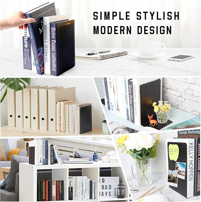VONDERSO Metal Bookends Black, 2 Pairs Decorative Metal Book End Supports for Shelves Gauge Metal Book Divider Stopper Holders with Non-Slip Anti-Scratch Rubber Pads