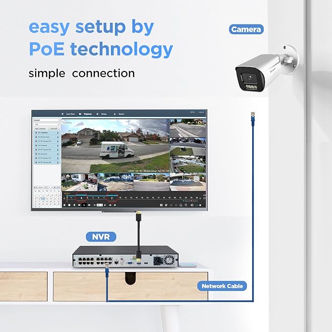 16 Channel Security Camera System 4K PoE, 16x 8MP PoE IP Bullet Cameras Outdoor with Spotlight Color Night Vision, 2 Way Audio, AI Human Vehicle Detection, Remote Access, PB65A1616-8MD
