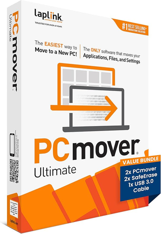 Laplink PCmover Ultimate 11 - Migration of your Applications, Files and Settings from an Old PC to a New PC - Data Transfer Software - With Optional Ultra-High-Speed USB 3.0 Transfer Cable - 2 License