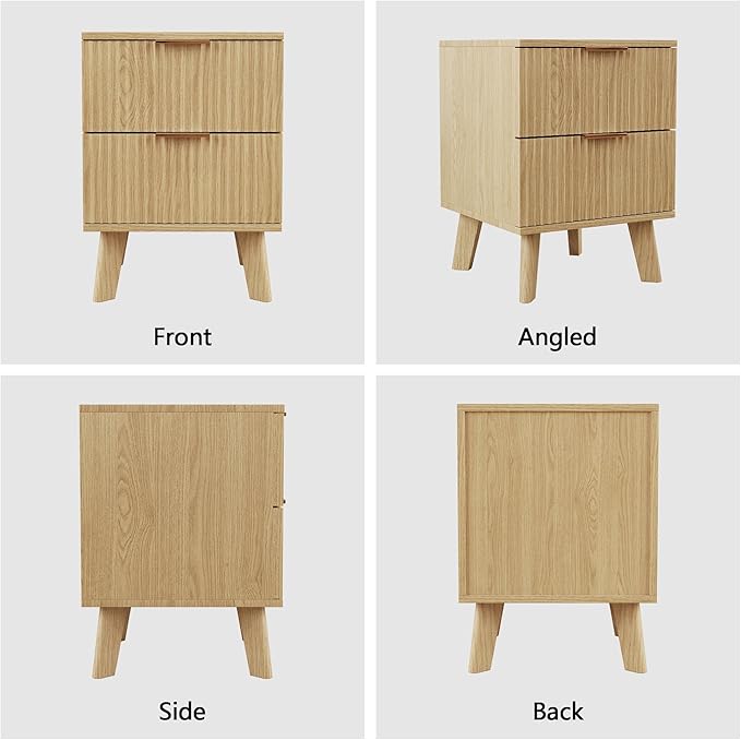 Fluted Nightstands Set of 2, Mid Century Modern 2 Drawer Dresser for Bedroom, Small Night Stand Side Table End Table with Wood Drawer Storage for Bedroom Closet, Natural