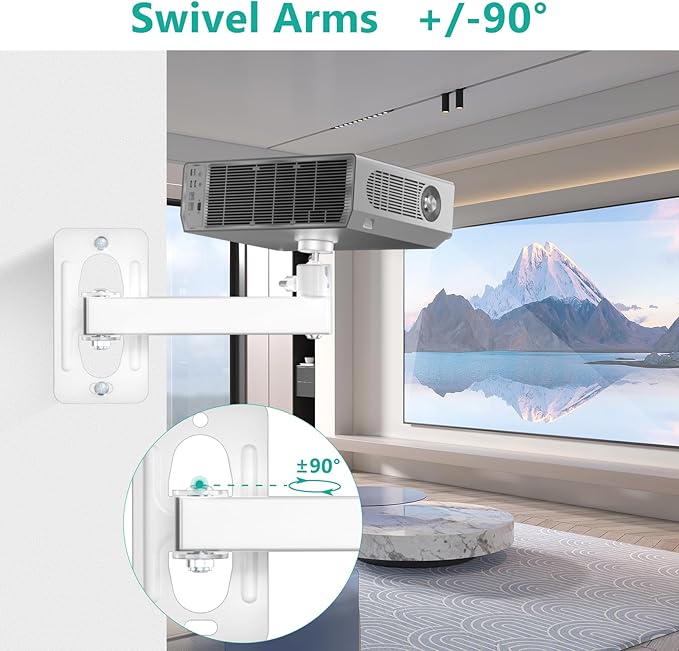 WALI Mini Porjector Wall Mount, Wall Projector Mount for 1/4" M4 M6 Screws, Fully Adjustable Projector Hanging Bracket Ceiling Mount Holder Holds up 4.4lbs, White (1330LM-PMWS)