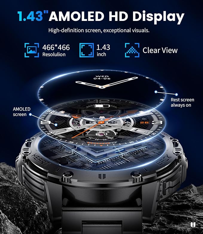 LIGE Military Smart Watch for Men (Answer/Make Calls),1.43’’ AMOLED Smartwatch with Flashlight/530mAh/Pedometer/100+ Sports,5ATM Waterproof Fitness Tracker for Android iOS,2 Straps