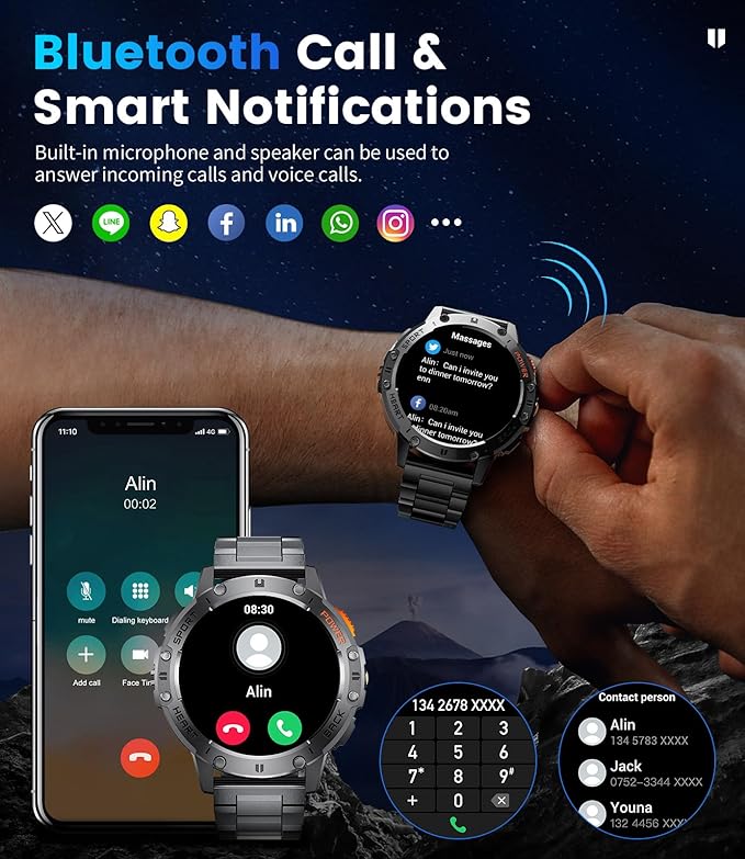 LIGE Military Smart Watch for Men (Answer/Make Calls),1.43’’ AMOLED Smartwatch with Flashlight/530mAh/Pedometer/100+ Sports,5ATM Waterproof Fitness Tracker for Android iOS,2 Straps