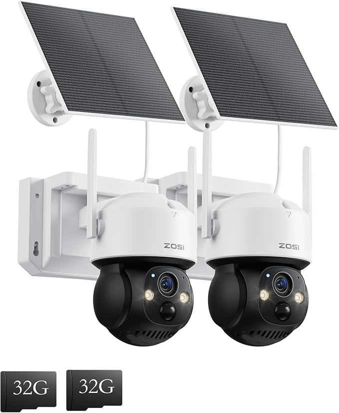 ZOSI C291 2 x 2.5K 4MP Wireless Battery Security Camera Outdoor, Solar Powered Pan/Tilt Camera, 360 View, PIR Human Detect, Color Night Vision, 2-Way Talk, Light Siren Alarm, 32GB Memory Card
