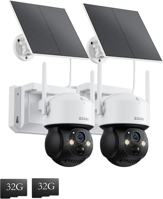ZOSI C291 2 x 2.5K 4MP Wireless Battery Security Camera Outdoor, Solar Powered Pan/Tilt Camera, 360 View, PIR Human Detect, Color Night Vision, 2-Way Talk, Light Siren Alarm, 32GB Memory Card