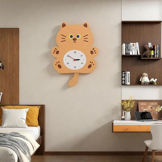 FASHION in THE CITY Adorable Cat Themed Swing Wall Clock - Silent Non-Ticking Pendulum Clock, Easy to Read Analog Clock for Cat Lovers, Nursery, Kitchen, Cute Home Decor Gift (YBZ001-Yellow)