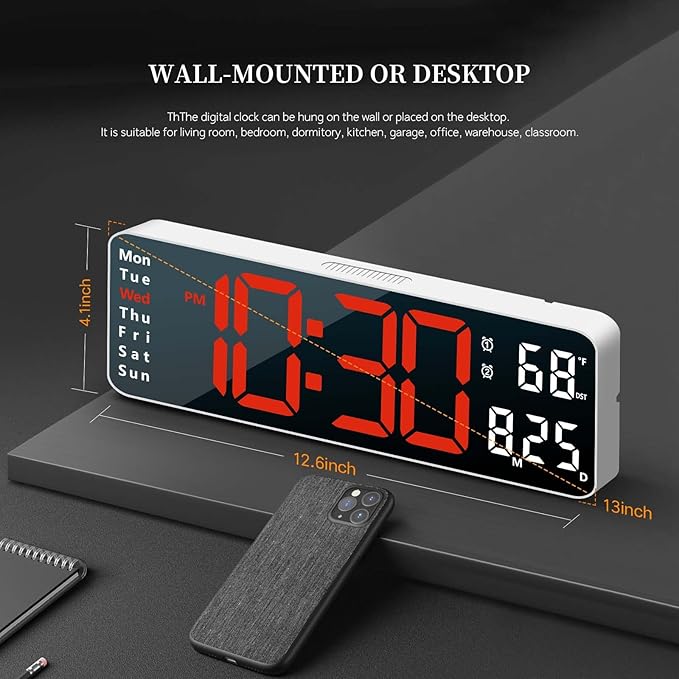 Digital Clock, Digital Wall Clock for Living Room Decor, Desk Alarm Clock for Bedroom, Large Wall Clock with Remote Control, Automatic Brightness Dimmer LED Clock with Date Temperature Week (Red-W)