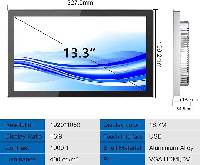 GreenTouch 13.3 Inch Industrial Embedded Capacitive Touchscreen Monitor, Open Frame Multi-Touch Screen Industrial Front IP65 Monitor - HDMI+VGA+DVI - 1920 * 1080 Resolution