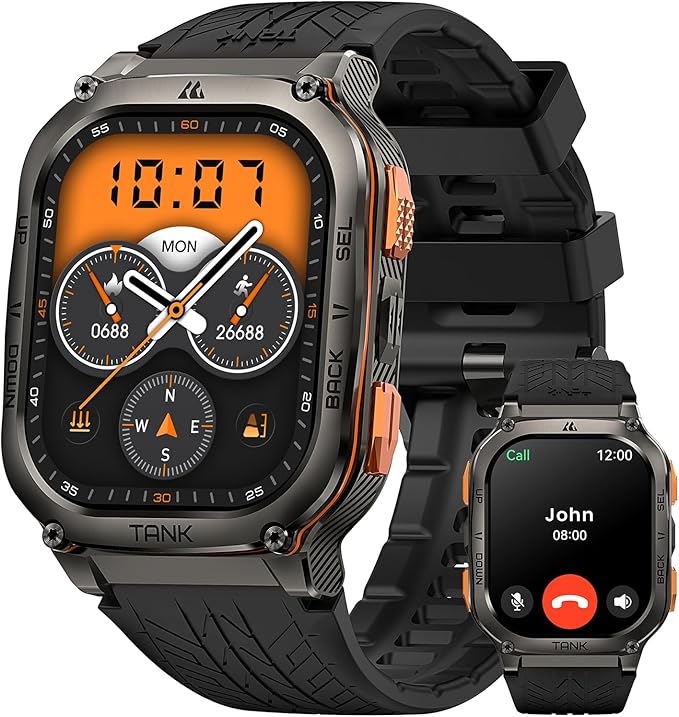 AMAZTIM Military Smart Watch with GPS, 6 Satellite Positioning/Compass, Stainless Steel Body, Waterproof, 480mAh Extra-Large Battery, Answer/Make Call, 2" AMOLED Screen, Compatible for Android iOS