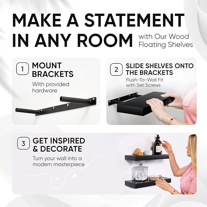 Homeforia Floating Shelf Black 12 inch, High End Solid Real Wood Small 12inch Floating Shelves for Wall Mounted, Black Wooden 12 in Floating Shelves, Heavy Duty Bracket, 12 X 6.5 X 1.75 inch, Set of 2