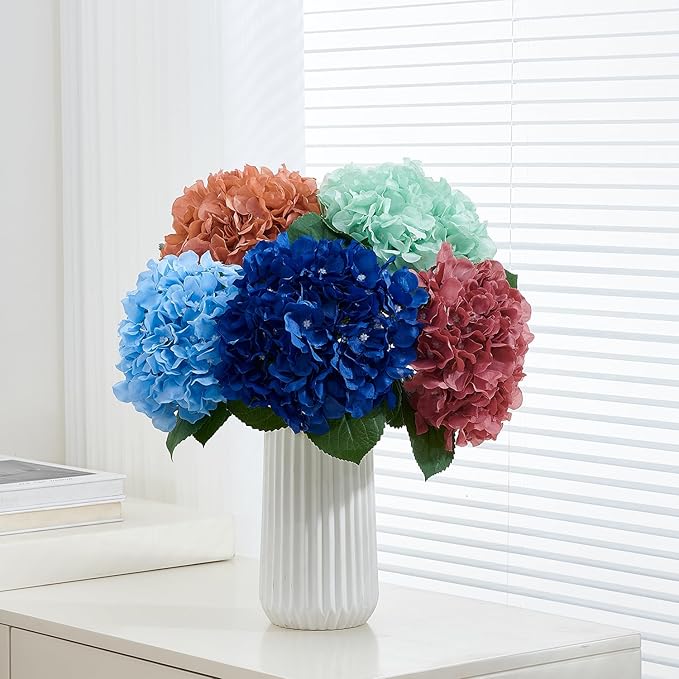 8Pcs Burgundy Fake Flowers Silk Hydrangea Artificial Flowers Bouquets Faux Hydrangea Stems for Home Table Centerpieces Wedding Party Decoration