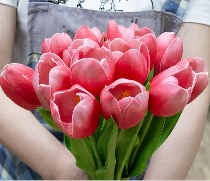 Buart Artificial Tulip in Bulk for Home Kitchen Wedding Bridal Bouquet,Fake Flowers for Mother's Day Easter Table Centerpieces Decorations(Large Size,Hot Pink,Real-Touch,12pcs)
