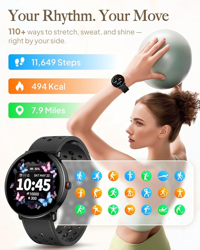 Smart Watch for Women Men, for Android iOS with Sleep & Calorie Monitor, Pedometer Fitness Tracker, Bluetooth Call, IP68 Waterproof, 112+ Sport Modes Round Face Smartwatch (Casual, Black, 1.39)